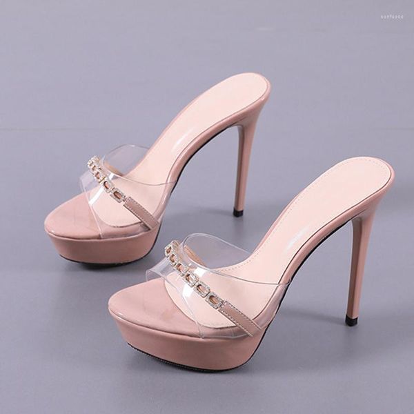 Hausschuhe Sommer Women12CM Super High Heel Slipper PVC Transparent Stilettos Sandale Bequeme Diamant Wasserdichte Plattform Schuhe