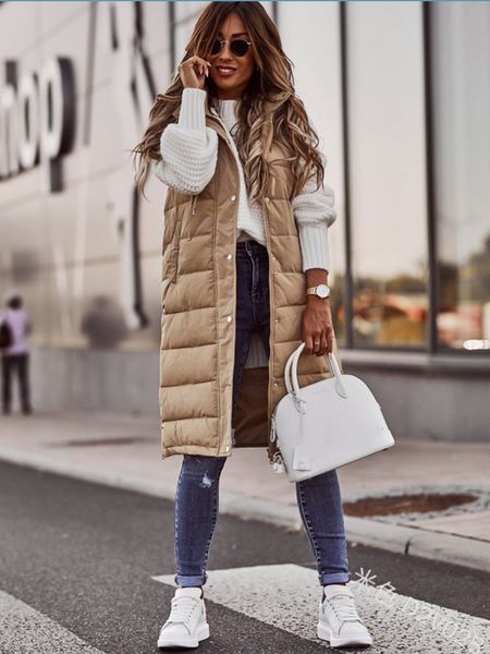 Feminino longo com capuz ao ar livre colete para baixo jaqueta alta acolchoado casaco solto sem mangas inverno suéteres leves