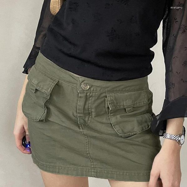 Юбки сексуальные низко талию мини -джинсы летняя женщина мода шикарная большая карманная джинсовая юбка для подростков армия зеленый короткий
