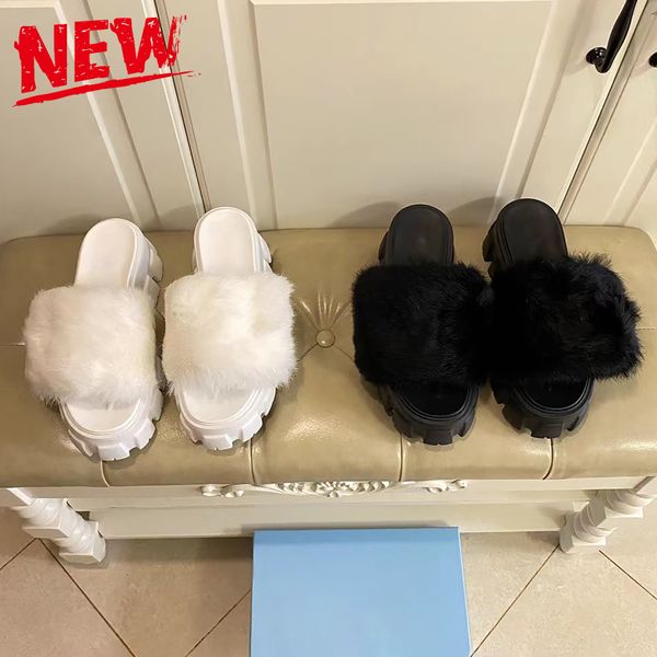 Neue Designer-Hausschuhe, Lammfell-Sandalen mit Stollensohle, schwarz-weiße Luxus-Damen-Pelz-Slipper, modische Damen-Slide-Sandale, Größe EUR 35–41