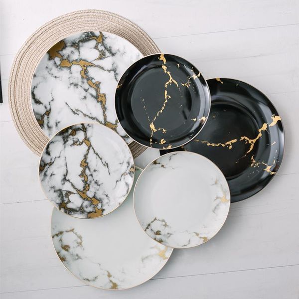 Placas Cerâmica Plato de Cerâmica Marble Home Tableware Dourado Inlay Gold Porcelana Nórdica Sobremesa Salada de Salada de Prisões