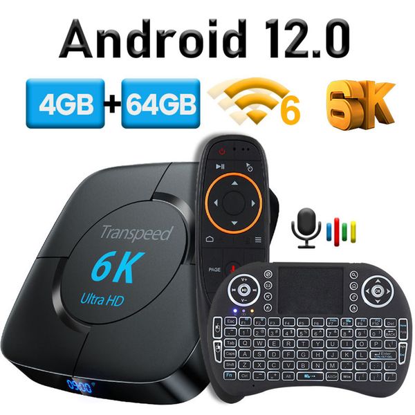 Set Top Box Transpeed Android 12.0 TV Box Assistente vocale 8K 6K 3D Wifi6 BT5.0 2.4G 5.8G 4GB RAM 32G 64G Lettore multimediale Box molto veloce Top Box 230831