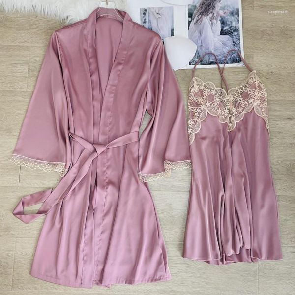 Indumenti da notte da donna 2 pezzi Kimono Accappatoio con cinturino per spaghetti Camicia da notte Set da donna in raso Abito da notte in pizzo Scava fuori Abito sciolto Casual Homewear