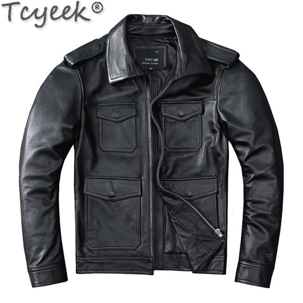 Giacca da uomo in pelle finta Tcyeek nera genuina Abbigliamento da uomo Safaried Primavera Autunno Giacche da moto Moda sottile Cappotto in pelle di vacchetta naturale Maschile 230831