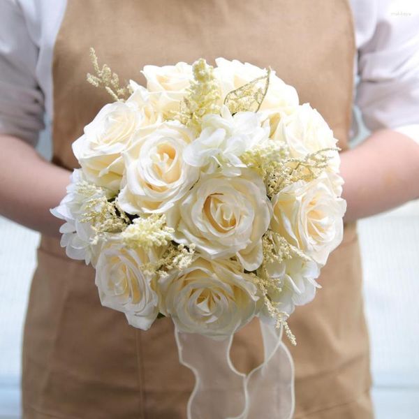 Flores decorativas fácil cuidado rosa artificial com laço de fita buquê de casamento reutilizável realista