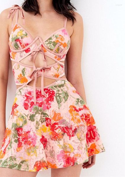 Freizeitkleider Gaono Damen Blumen-Mini-Sommerkleid, ärmellos, schulterfrei, kurzes, figurbetontes Kleid im Y2K-Stil, bedruckt, mit Schnürung vorne, Strandurlaub