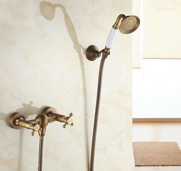 Torneiras de cozinha de latão antigo montado na parede do banheiro dupla cruz alças telefone conjunto de chuveiro de mão com suporte 1.5m mangueira atf300
