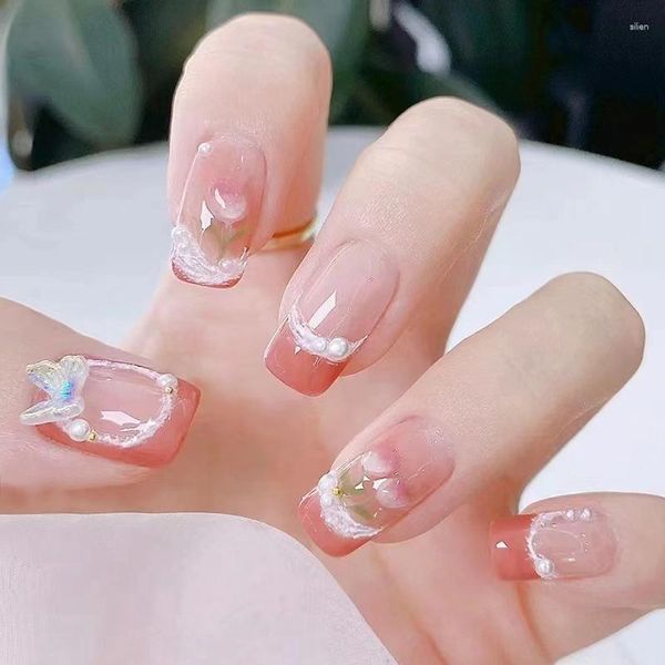 Unhas Falsas Doce Elegante Romântico Tulip Flores Use Prego Pó Blush Pérola Polonês Francês Quente Brilhante