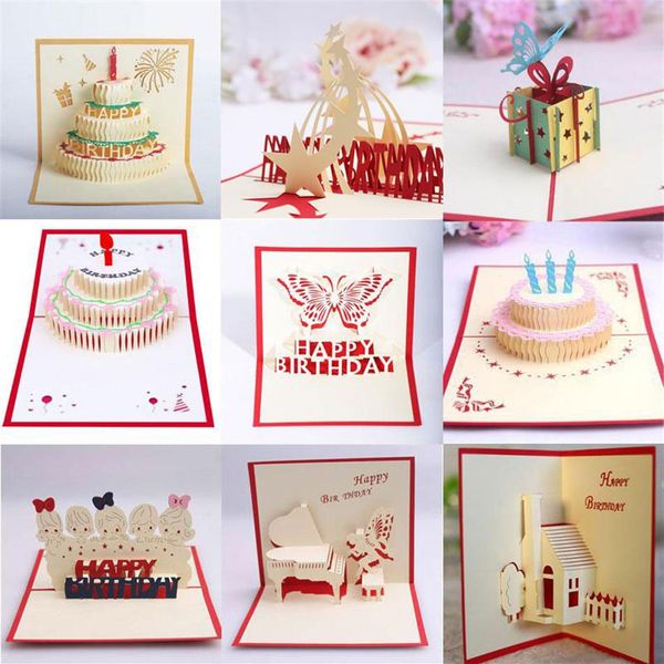 10 stili misti 3D torta di buon compleanno Pop-up biglietti d'auguri di benedizione fatti a mano creativi per feste festive340L