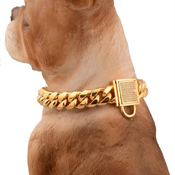 14 mm Charm-Anhänger mit weißem Strass-Schließen, geschliffener Curb Cuban Link, 316L Edelstahl, goldfarbene Hundekette, Haustierhalsband, Halsband, Halskette 12-34qu3508