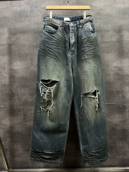 Оригинальный тюк вымыл рыхлые окрашенные разорванные грязные джинсы High Street Casual Jeans Джинсовые брюки мода свободные мужчины Hiphop Streetwear причинно -джинсы