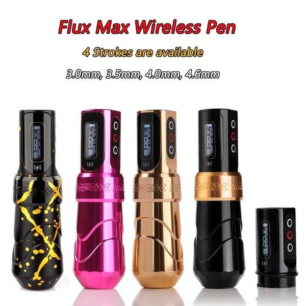 Macchina per tatuaggi Flux Max Macchina per tatuaggi wireless Penna a cartuccia Motore coreless 2400mAh Display a LED Batteria per artisti Corsa 3.0/3.5/4.0/4.6mm 230831