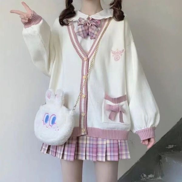 Suéteres femininos de malha cardigan doce menina suéter preguiçoso estilo academia manga solta harajuku jk uniforme kawaii arco decoração casaco 230831