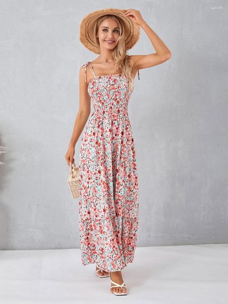 Robes décontractées femmes bretelles spaghetti cravate longue robe imprimé floral swing été vacances fête clubwear