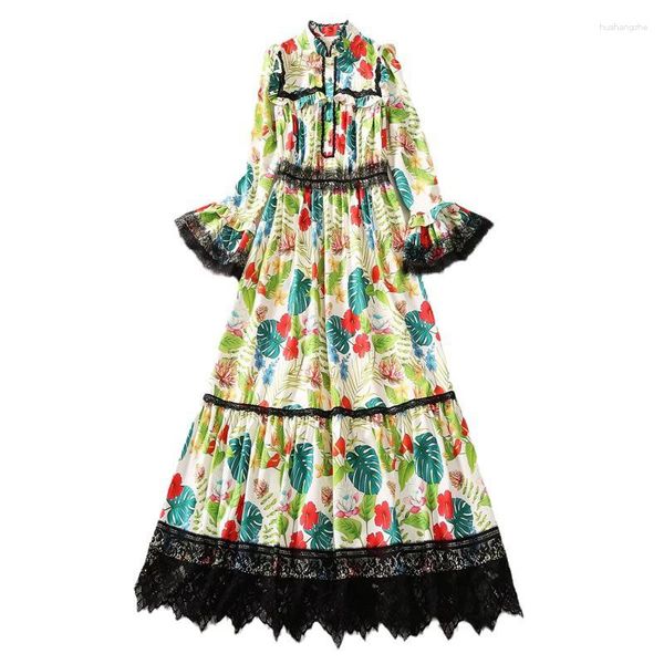 Vestidos casuais roupas femininas roupas rendas guarnição gola alargamento manga frontal botões fechamento tornozelo comprimento colorido flor folhas impressão