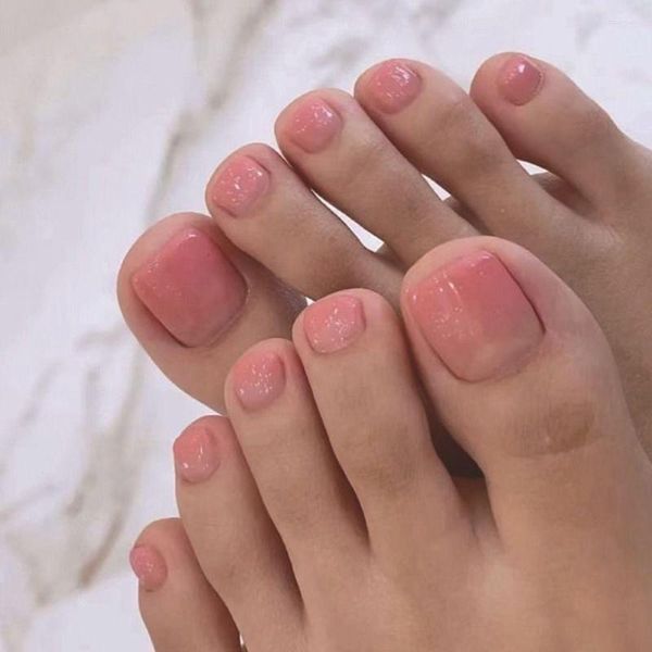 Unhas Falsas 24 pcs para Mulheres Pontas de Pé Curtas Quadradas Francesas Cobertura Completa Rosa Gradiente Unhas Falsas