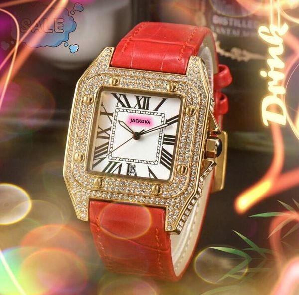 Alta Qualidade Mens Mulheres Amantes Quartz Movimento Relógio Sqare Roman Tank Dial Relógio Moda À Prova D 'Água Full Diamonds Ring Case Relógios de Pulso Reloj de Lujo