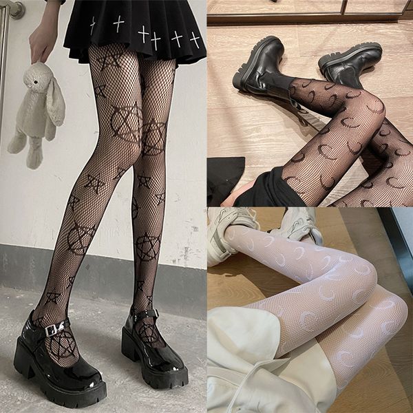 Socken Strumpfwaren Y2k Spitze Pentagramm Netzstrümpfe für Frauen Mädchen Goth Schwarze Netzstrumpfhose Stern Mond Strumpfhose JK Lolita Halloween Rollenspiel 230830