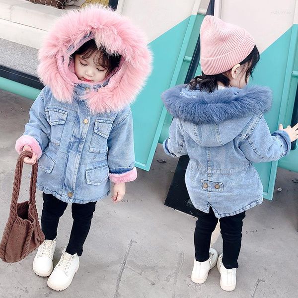 Para baixo casaco denim jaquetas casacos criança algodão parkas com chapéu peludo 2023 menina quente inverno outwear