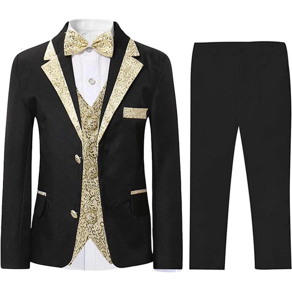 Anzüge Jungen Slim Fit Anzüge 5-teiliges Set Kinder Blazer Weste Hose Hemd Fliege Jacke mit Goldrändern für Hochzeit Party Abschlussball 230830