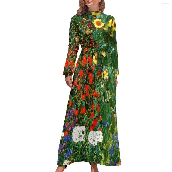 Vestidos casuais fazenda jardim vestido girassóis estampa elegante padrão maxi gola alta manga comprida praia longa