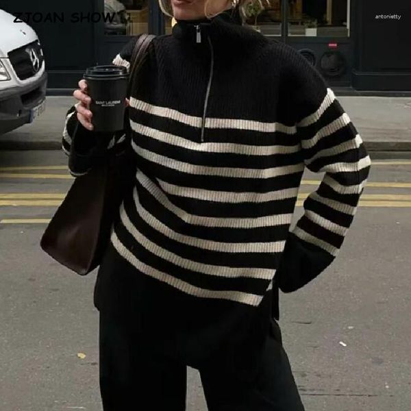 Maglioni da donna 2023 CHIC Maglione lavorato a maglia a righe bianche nere da donna con cerniera aperta colletto con risvolto manica intera maglieria allentata maglione casual