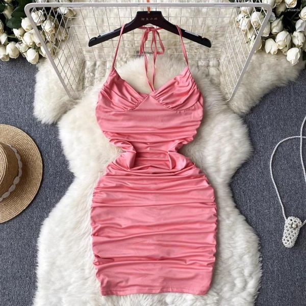 Casual Kleider Französisch Chic Elegant Für Frauen Neck-montiert Spaghetti Strap Hüfte Wrap Vestidos Sommer Dünne Falten Kleid Drop