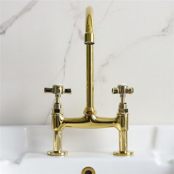 Küchenarmaturen Gold Messing Pot Filler Tap Deck montiert rotierenden Wasserhahn und kalte Doppellöcher Spüle drehen Auslauf