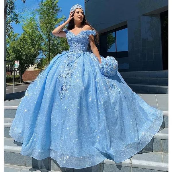 Платья Quinceanera Бальное платье принцессы с открытыми плечами и блестками с аппликациями на шнуровке Sweet 16 Дебютантка Вечеринка День Рождения Vestidos De 15 Anos 06