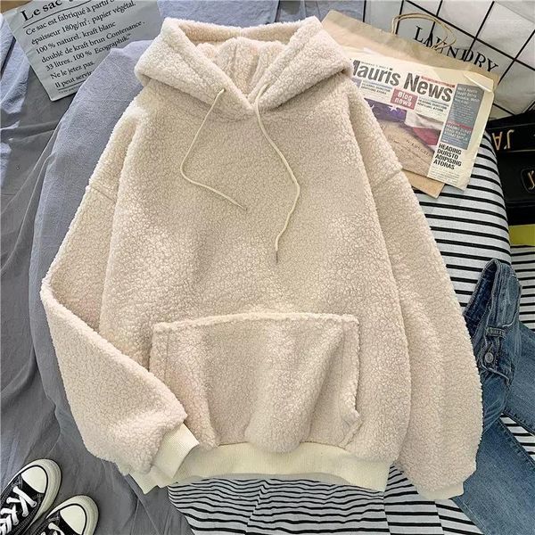 Felpe con cappuccio da donna Autunno Inverno Cappotto caldo e spesso Velluto Cashmere Felpa con cappuccio da donna Felpa con cappuccio blu solido Pullover Top casual Lady Allentato lungo Y2K