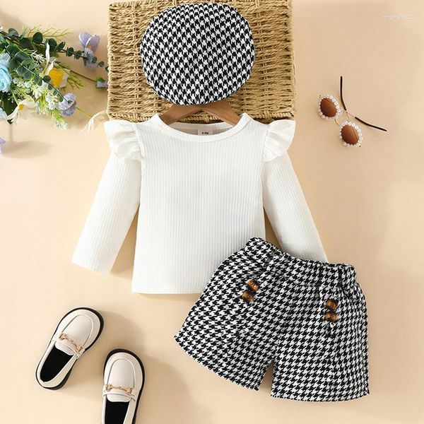 Kleidungssets RUIBBWAN Kleinkind Kleine Mädchen Rock Outfit Langarm Einfarbig Geripptes Hemd Oberteil Plaid Knopf Kurz Baby Frühling Herbst