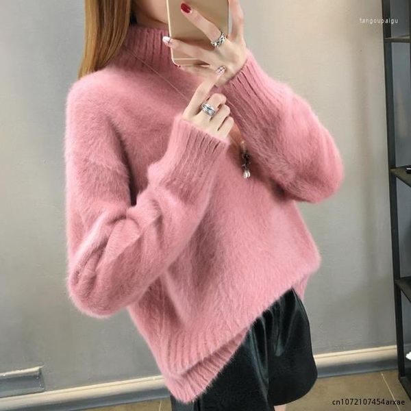 Frauen Pullover Gestrickte Mohair Pullover Hälfte Rollkragen Lose Beiläufige Einfarbig Pullover Winter Verdickt Warme 2023