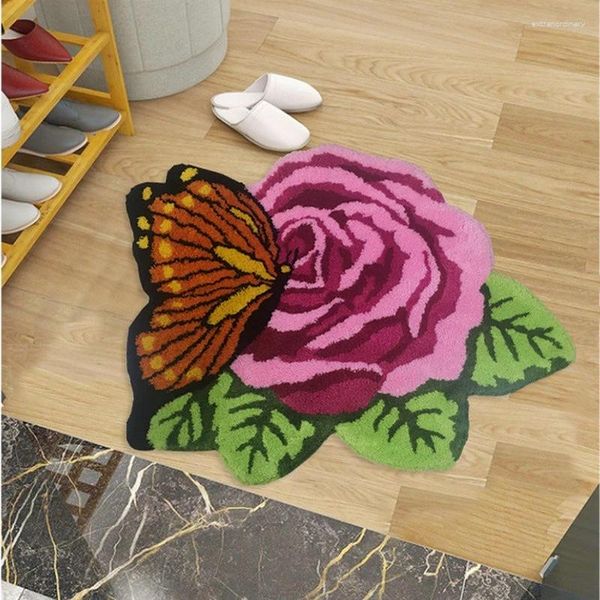 Teppiche Tufting Pink Rose Flower Badematten Weicher Plüsch Rutschfester Badezimmerteppich Wannenseite Teppich Stuhl Fußpolster Ästhetische Heimdekoration