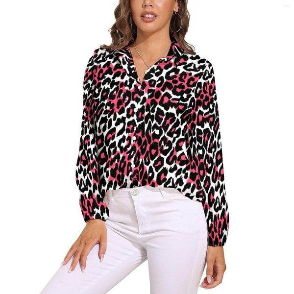 Blusas femininas rosa leopardo blusa manga longa impressão de pele animal retro feminino streetwear camisas de grandes dimensões design topos presente