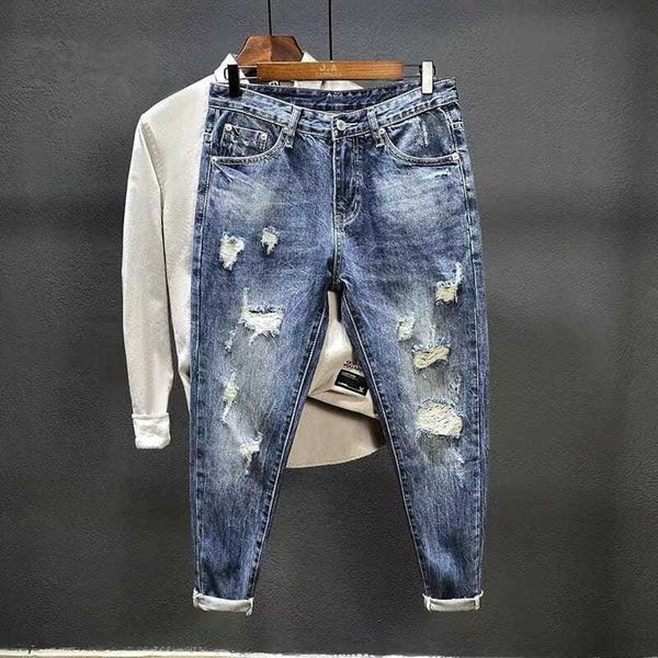 Jeans masculinos rasgados calças de cowboy com impressão rasgada buracos quebrados calças gráficas estéticas cônicas harajuku clássico buggy xs jeans para homens 230830