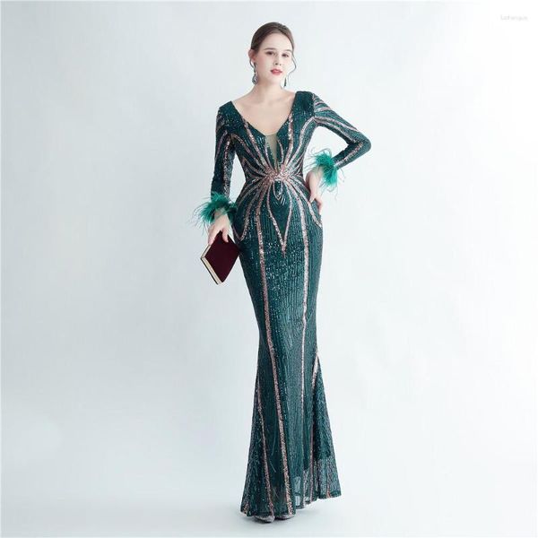 Casual Kleider Glitter Pailletten Gestickte Lange Dinner Party Kleid Schlank Hohe Taille Paket Hüfte Hülse Mit Feder Frauen Mesh V ausschnitt Robe