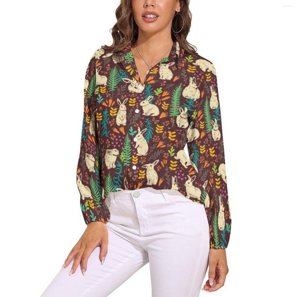 Blusas femininas feliz páscoa blusa padrão floral com coelhos brancos bonito design mulher manga longa camisa casual outono oversized topos