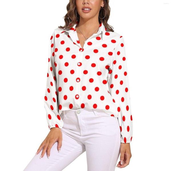 Camicette da donna Camicetta rossa a pois Manica lunga Punti geometrici Stampa vintage Retro Donna Street Wear Camicia oversize Design Top Regalo