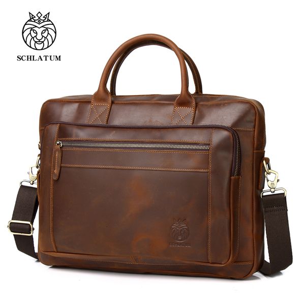 Aktentaschen SCHLATUM Echtes Leder Hart Für Männer Vintage Crazy Horse Laptop Aktentaschen Taschen Luxus 156 Zoll Handtaschen 230830