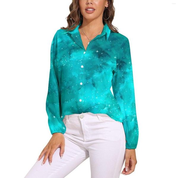 Blusas femininas pintadas galáxia blusa solta estrelas impressão moda coreana oversized feminino manga longa camisa vintage verão design topo