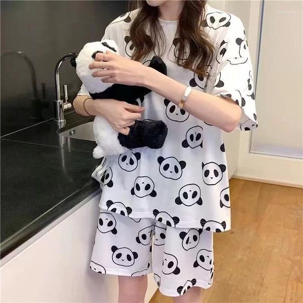 Damen-Nachtwäsche, Pyjama für Damen, chinesischer Panda, Sommer, kurzärmelig, Kleidung, Homewear, Cartoon, 2-teiliger Pyjama