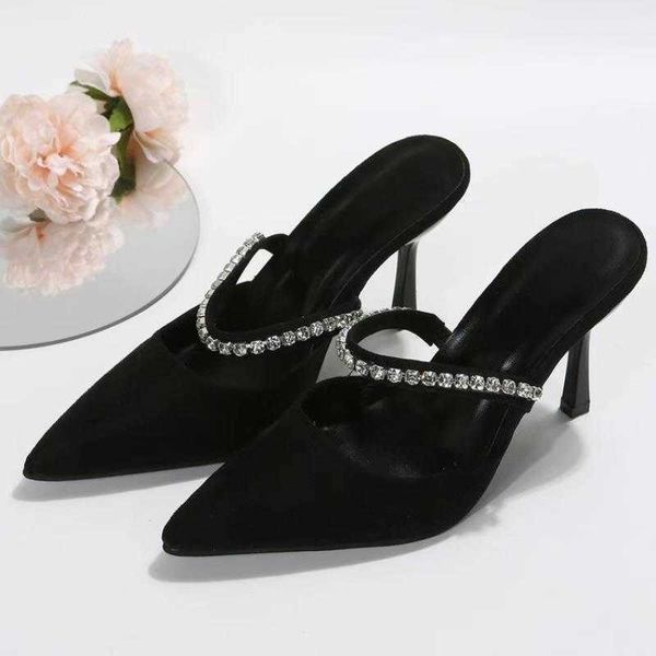 Preto sapatos de salto alto das mulheres primavera novos sapatos stiletto apontou toe bombas cetim strass glitter mules bombas 230807