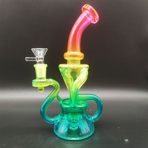 Klein Heady Bong in vetro a doppia camera Arcobaleno metallico Girly Narghilè Bong in vetro Dabber Rig Riciclare Tubi Incycler Bong ad acqua Tubo per fumo Giunto femmina da 14,4 mm Ciotola normale