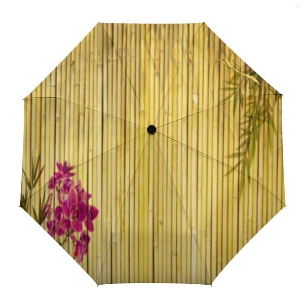 Guarda-chuvas orquídeas com fundo de bambu guarda-chuva automático portátil dobrável ensolarado e chuvoso guarda-sol