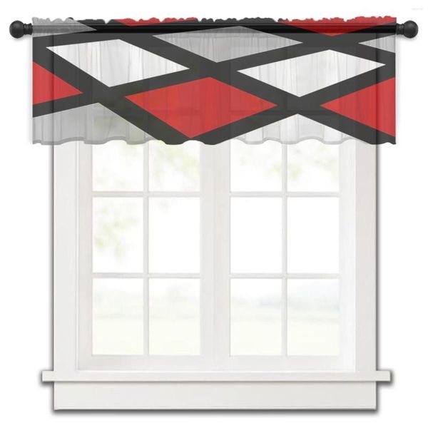 Cortina vermelho preto cinza geométrico quadrado cozinha pequena tule sheer curto quarto sala de estar decoração casa voile cortinas