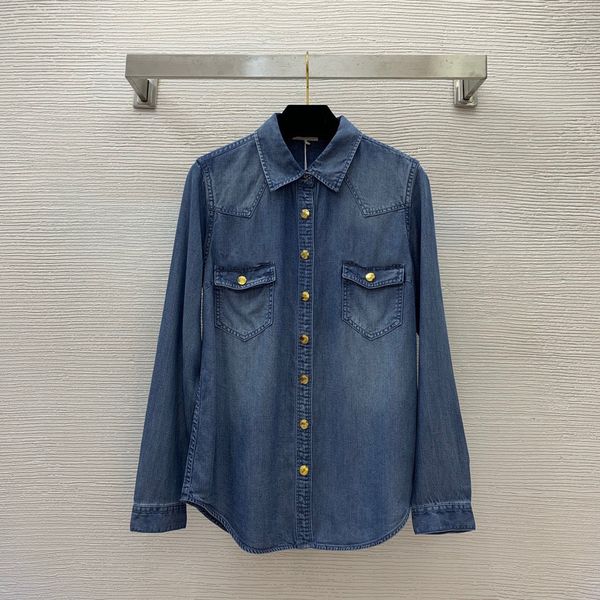 2023 outono azul cor sólida correntes denim blusa camisa manga longa lapela pescoço bolsos duplos único breasted camisas superiores o3g29101011