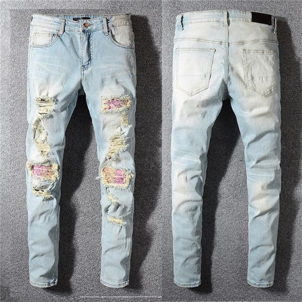 21SS Design Mens Designer Jeans Depant Thin Slim-Leg Motorcycle Bike Patch Denim Fashion Grey Jean Social Uk Size W29-W290A