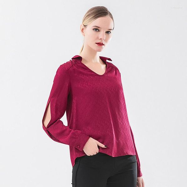 Mulheres Camisetas 22 Momme Jacquard Seda Roxo Vermelho Tops Mulheres V-Pescoço Manga Longa Elegante Simples T-shirt Escritório Senhoras Camisa Mulheres B0087