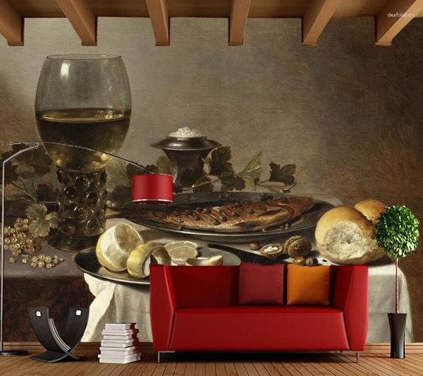 Sfondi Cucina personalizzata Papel DE Parede Pittura murale di cibo e vino sul tavolo per la carta da parati decorativa dello sfondo del bar del ristorante