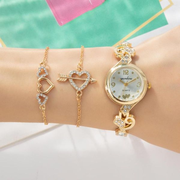 Нарученные часы роскошные в форме сердца 3pcs Set Bracelet Watch, подходящие для женщин из нержавеющей бриллианты, хрустальные часы женских подарков